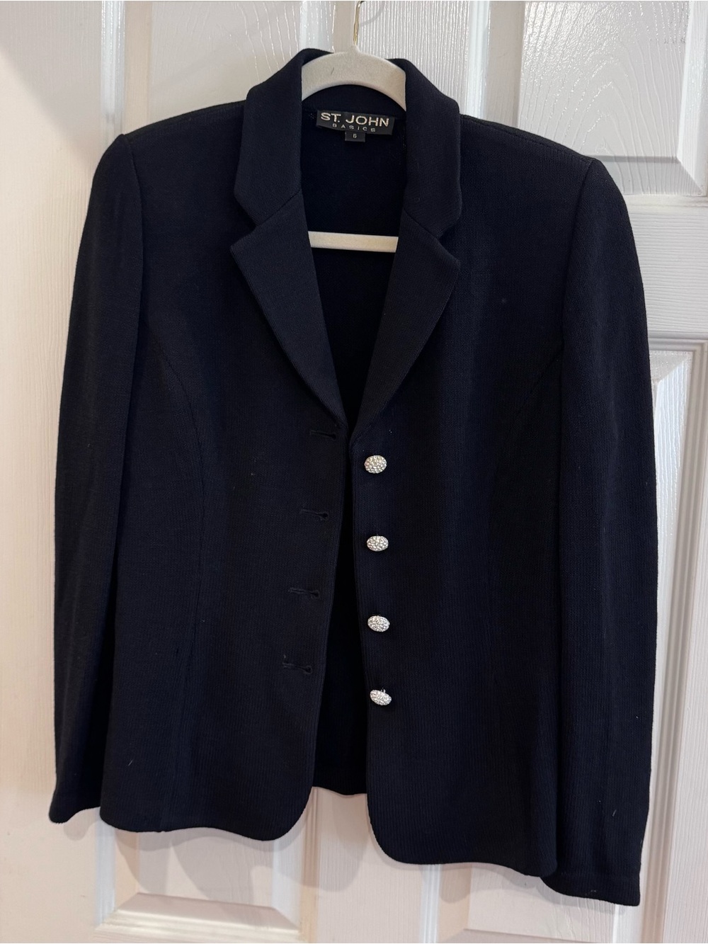 Vintage St. John Basics black wool blazer with jewel buttons